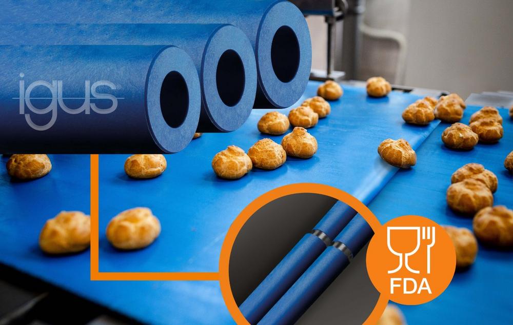 Blaue FDA-konforme Messerkantenrollen von igus für höchste Bandgeschwindigkeiten