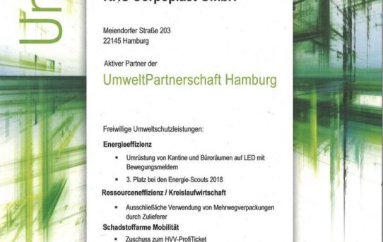 UmweltPartnerschaft: Stadt Hamburg zertifiziert KHS als nachhaltiges Unternehmen