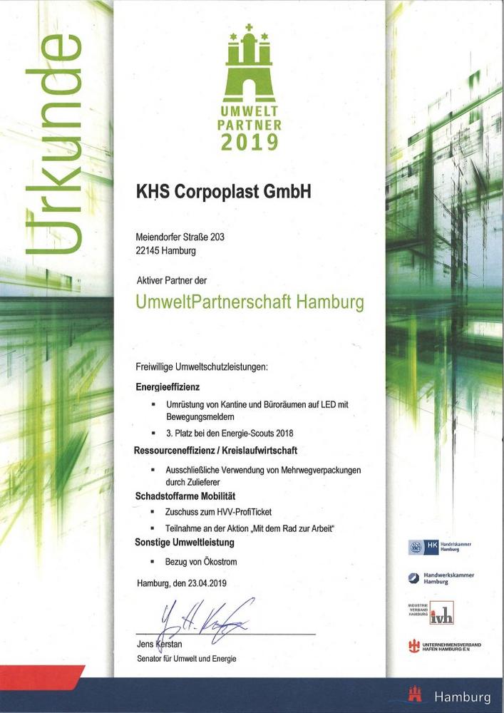 UmweltPartnerschaft: Stadt Hamburg zertifiziert KHS als nachhaltiges Unternehmen