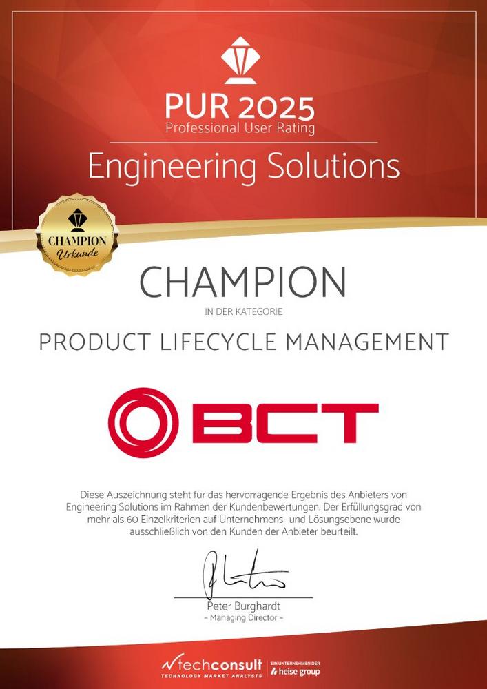 BCT Technology AG erneut als Champion im Professional User Rating – Engineering Solutions 2025 ausgezeichnet