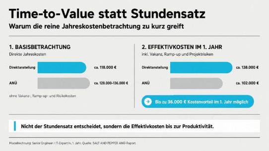 Stundensatz greift zu kurz: Warum ANÜ im ersten Projektjahr wirtschaftlicher sein kann als Direktanstellung