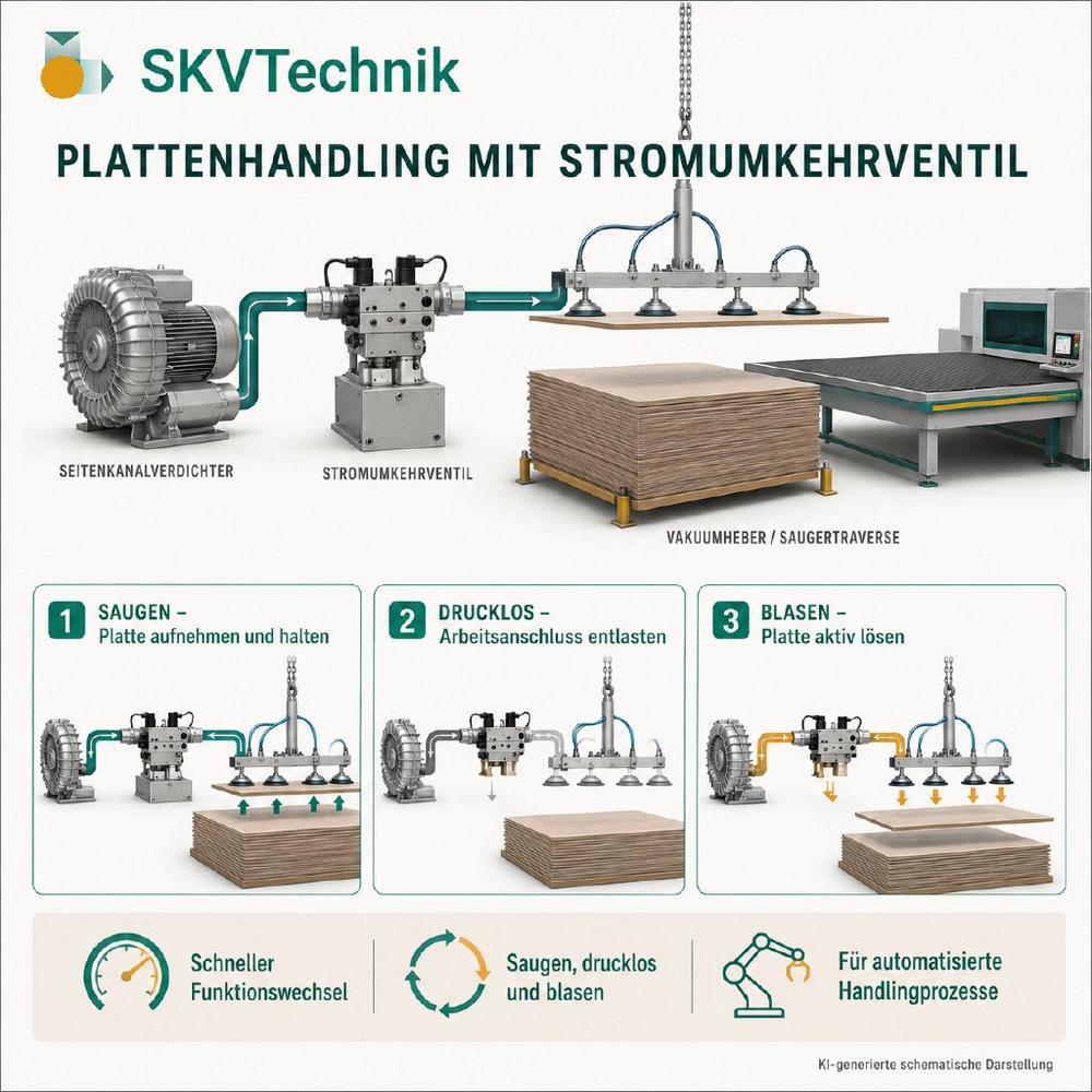 Stromumkehrventile steuern Vakuumheber beim Plattenhandling