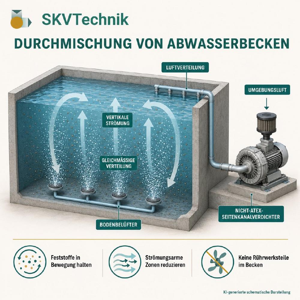 Seitenkanalverdichter durchmischen Abwasserbecken mit Prozessluft